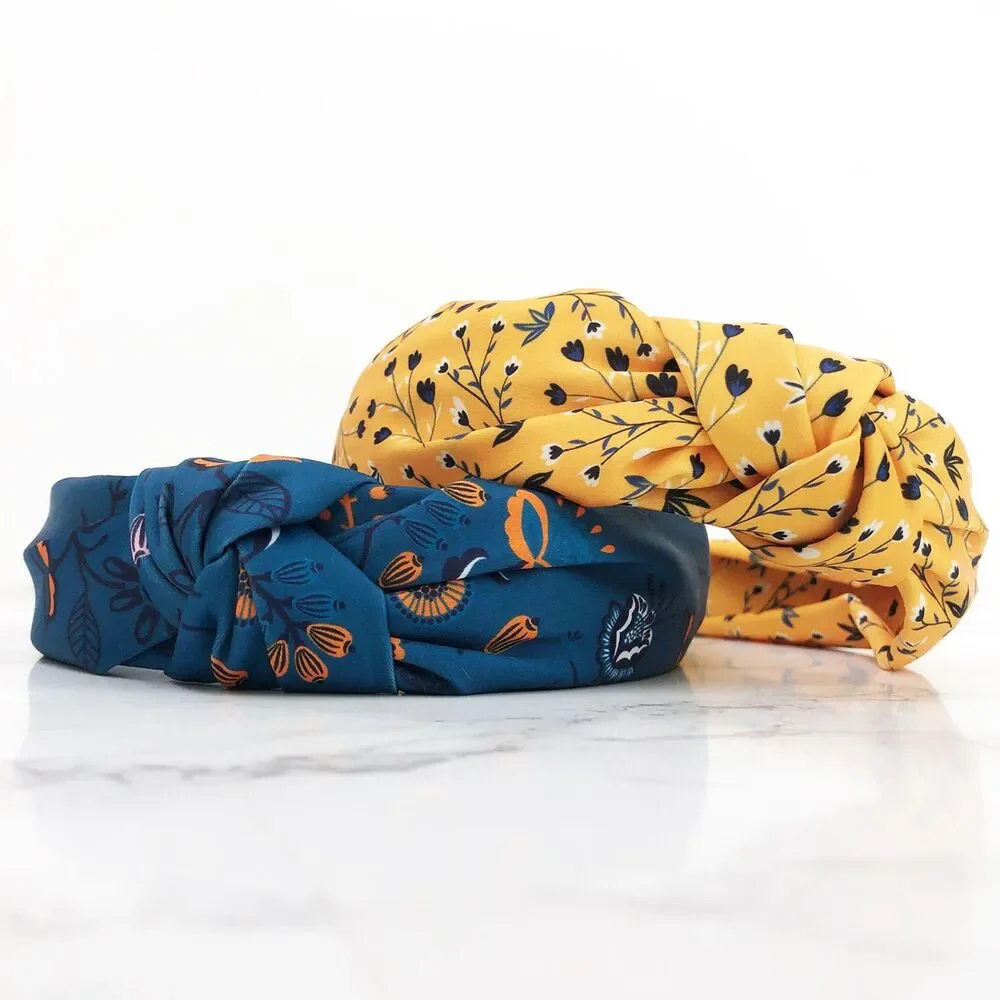 NWOT Headbands of Hope Blue & Yellow Knotted Satin Floral Headbands, Set of 2